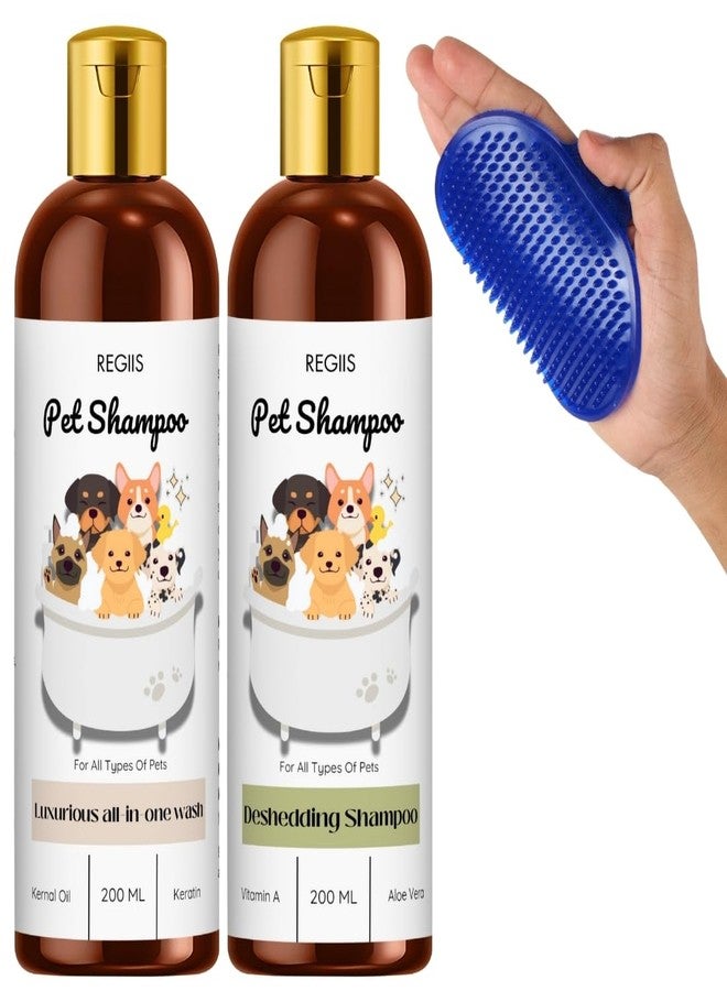 Regiis Pet Shampoo Set with Grooming Brush, All-in-One Wash and Deshedding Formula, 200ml Each, Blue Massage Brush for Dogs(Pack of 3) - Image 1